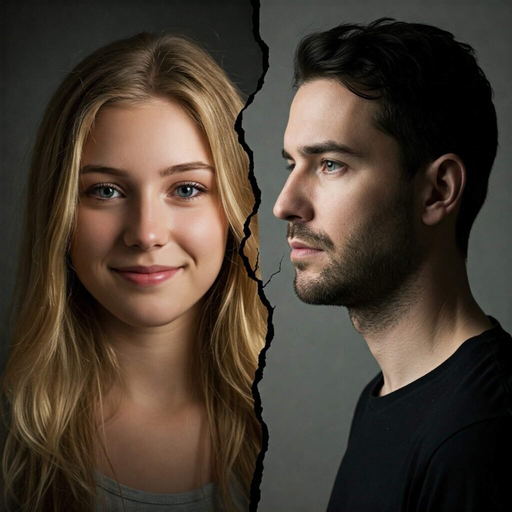 "Split portrait, relationship fracture."