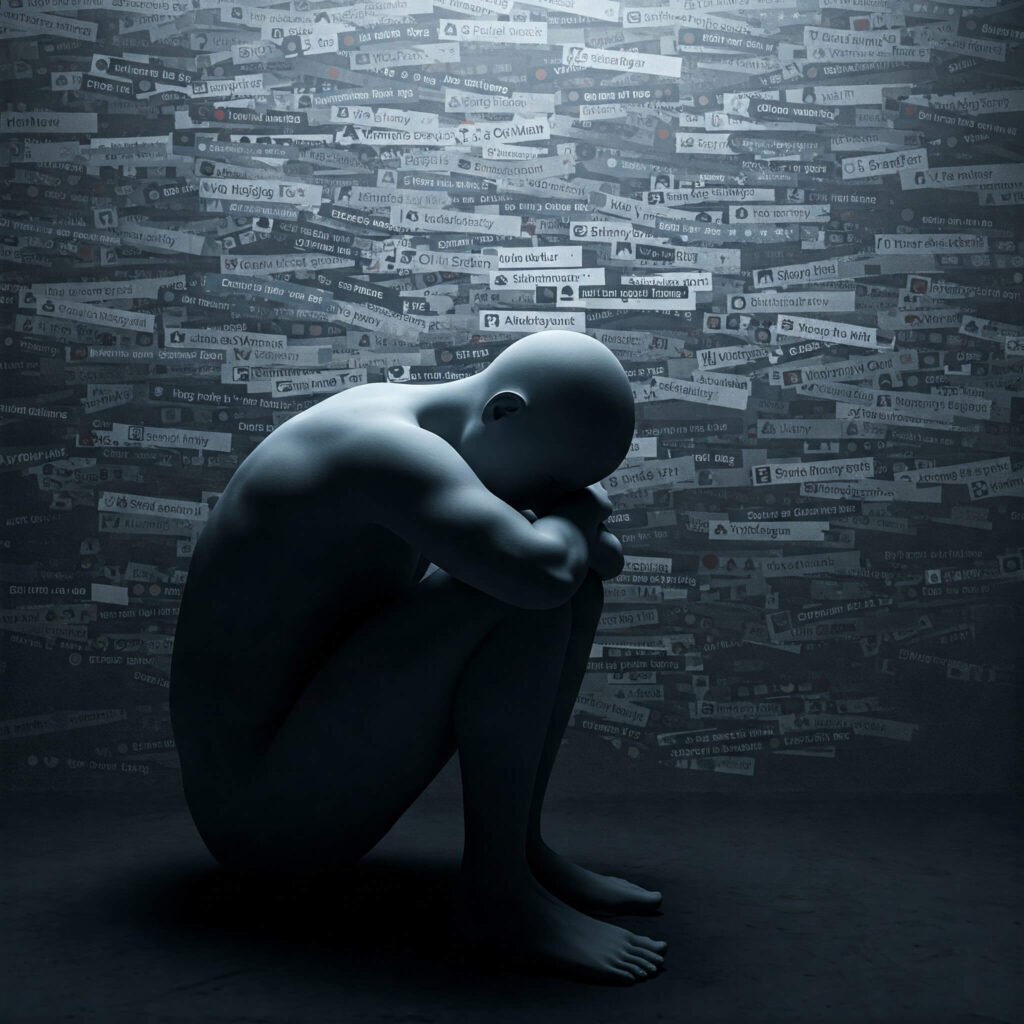 Figure overwhelmed by online scrutiny.