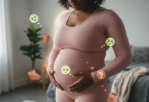 Kylie Jenner Sparks Baby Bump Rumors Again — Is Baby #3 on the Way? A pregnant woman in a pink athleisure set cradles her belly, standing over a marble counter with ultrasound printouts and a half-eaten avocado toast. Floating around her are holographic baby booties and emoji thought bubbles with question marks and heart-eyes, all rendered with a dreamy, slightly overexposed filter.