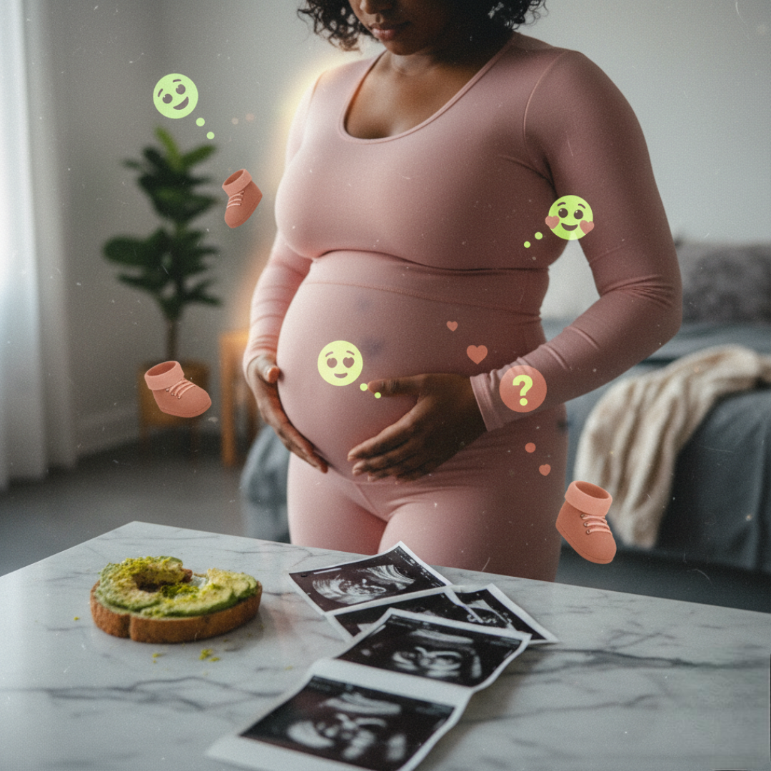 A pregnant woman in a pink athleisure set cradles her belly, standing over a marble counter with ultrasound printouts and a half-eaten avocado toast. Floating around her are holographic baby booties and emoji thought bubbles with question marks and heart-eyes, all rendered with a dreamy, slightly overexposed filter.