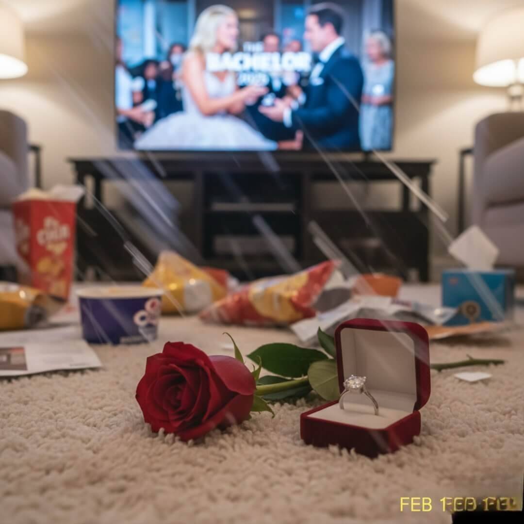 "A rose and a proposal ring on a messy living room floor during a watch party for The Bachelor 2025."