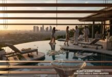 Selling Sunset’s Juiciest Feud Yet: Who’s Beefing Off Camera? A person's shocked reflection, eating popcorn, in a martini glass on a table, viewing a dramatic LA pool party at sunset through venetian blinds.