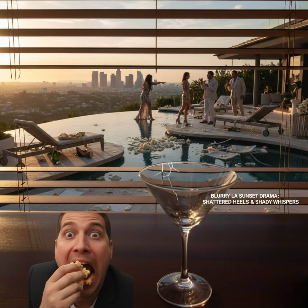 A person's shocked reflection, eating popcorn, in a martini glass on a table, viewing a dramatic LA pool party at sunset through venetian blinds.