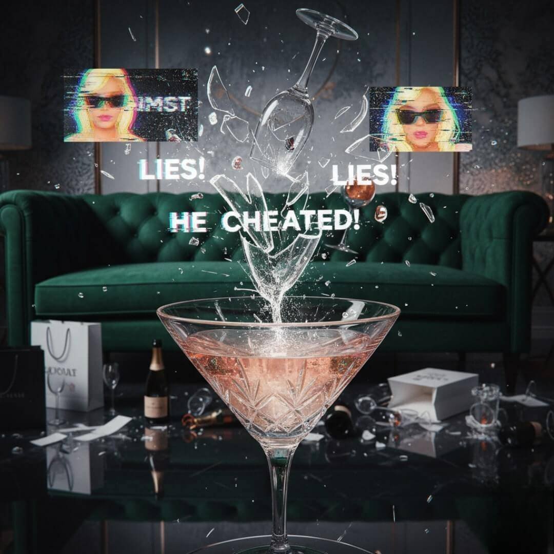 Shattered champagne and glitchy gossip in Real Housewives cheating scandals vibe.