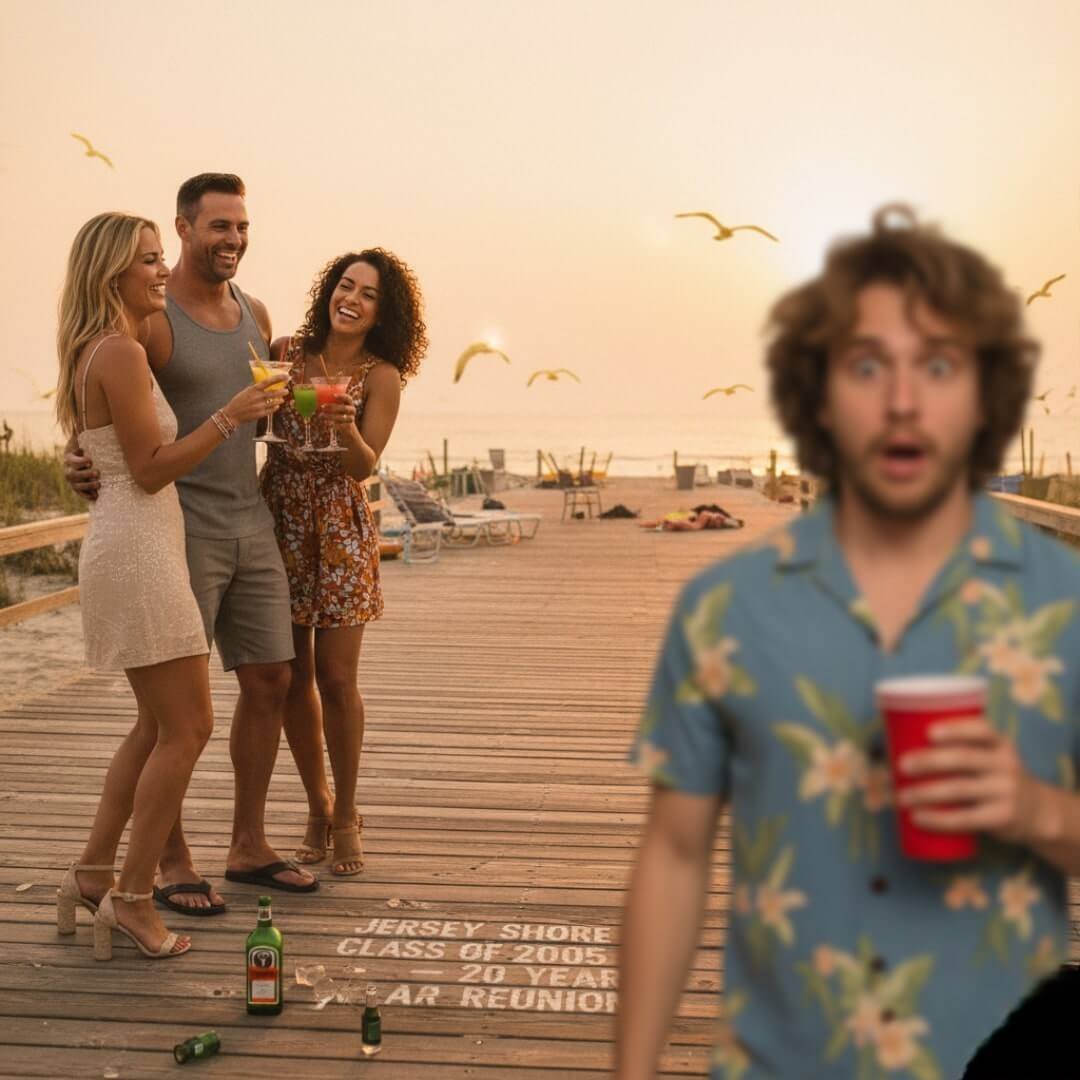 "A blurry, wide-eyed person holding a red cup, photobombing a group reunion on a beach boardwalk."
