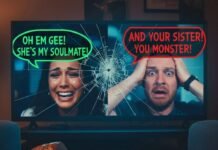 Top 10 Most Savage Reality TV Moments This Year Chaotic close-up of a cracked TV screen showing a reality TV show with dramatic expressions and speech bubbles, seen from a couch perspective.