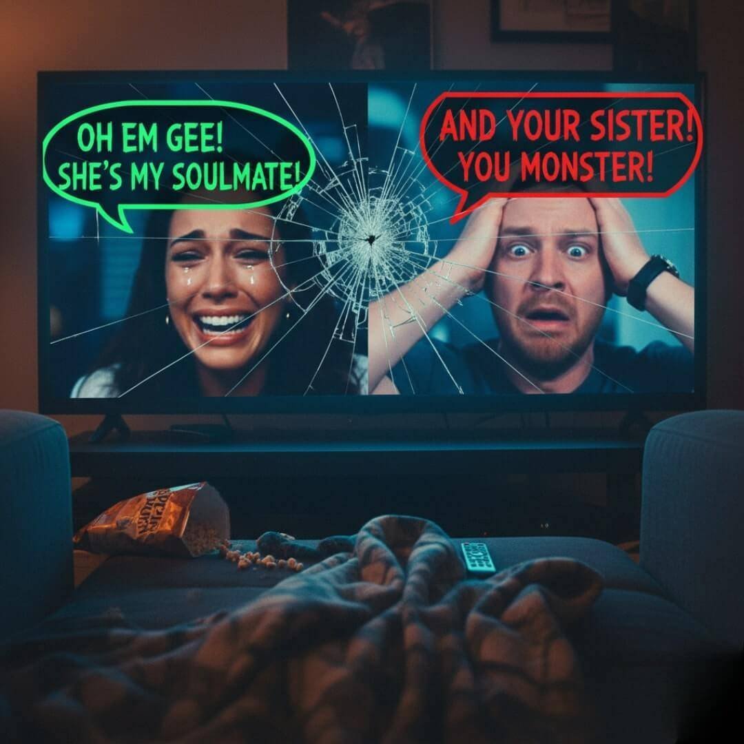 Chaotic close-up of a cracked TV screen showing a reality TV show with dramatic expressions and speech bubbles, seen from a couch perspective.