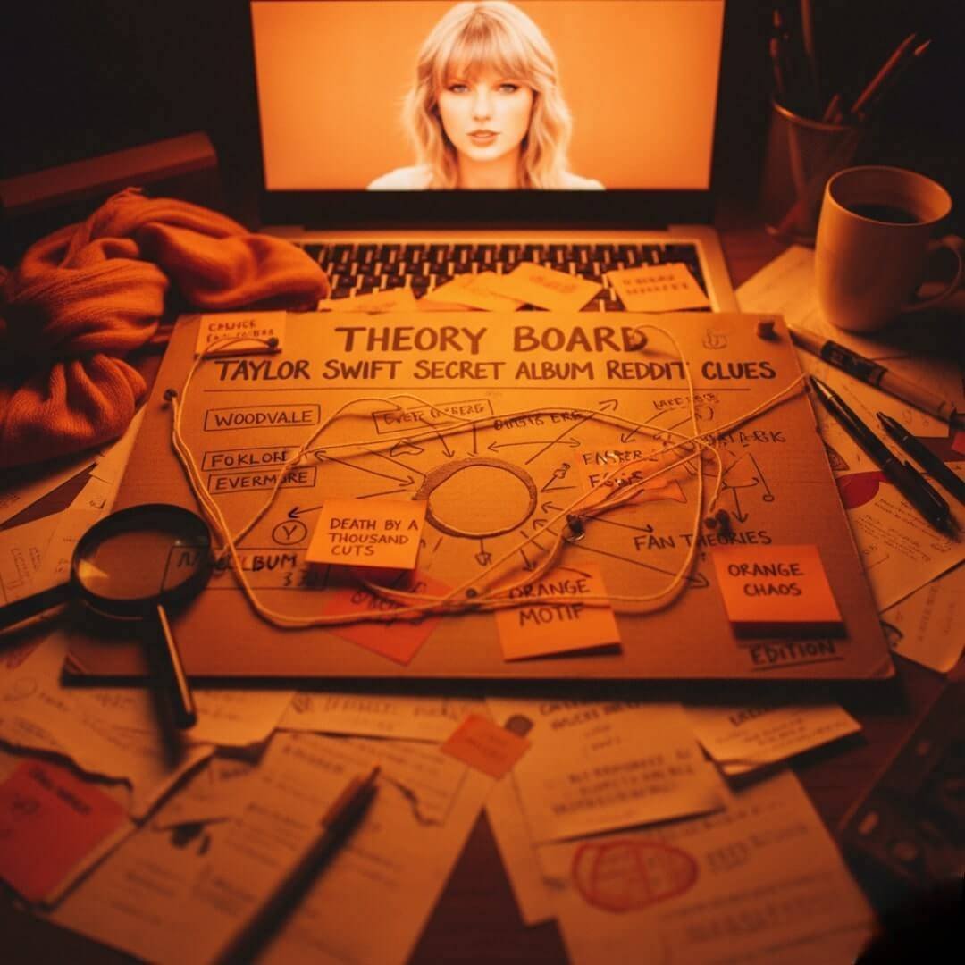 Blurry desk dive into Taylor Swift secret album Reddit clues, orange chaos edition.