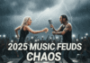 Top 7 Celebrity Music Feuds That Blew Up in 2025 A photorealistic, blurry, rain-streaked shot from behind a coffee mug shows two celebrity 'beef' icons fighting on stage during a storm, with the text "2025 MUSIC FEUDS CHAOS" overlaying the scene.