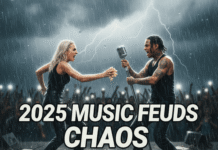 Top 7 Celebrity Music Feuds That Blew Up in 2025 A photorealistic, blurry, rain-streaked shot from behind a coffee mug shows two celebrity 'beef' icons fighting on stage during a storm, with the text "2025 MUSIC FEUDS CHAOS" overlaying the scene.