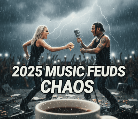 Top 7 Celebrity Music Feuds That Blew Up in 2025 A photorealistic, blurry, rain-streaked shot from behind a coffee mug shows two celebrity 'beef' icons fighting on stage during a storm, with the text "2025 MUSIC FEUDS CHAOS" overlaying the scene.