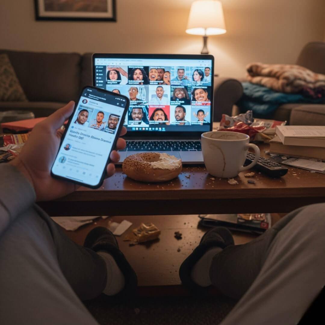 "A person doom-scrolling on their phone with a laptop, bagel, and coffee on a messy coffee table, seen from a low perspective."