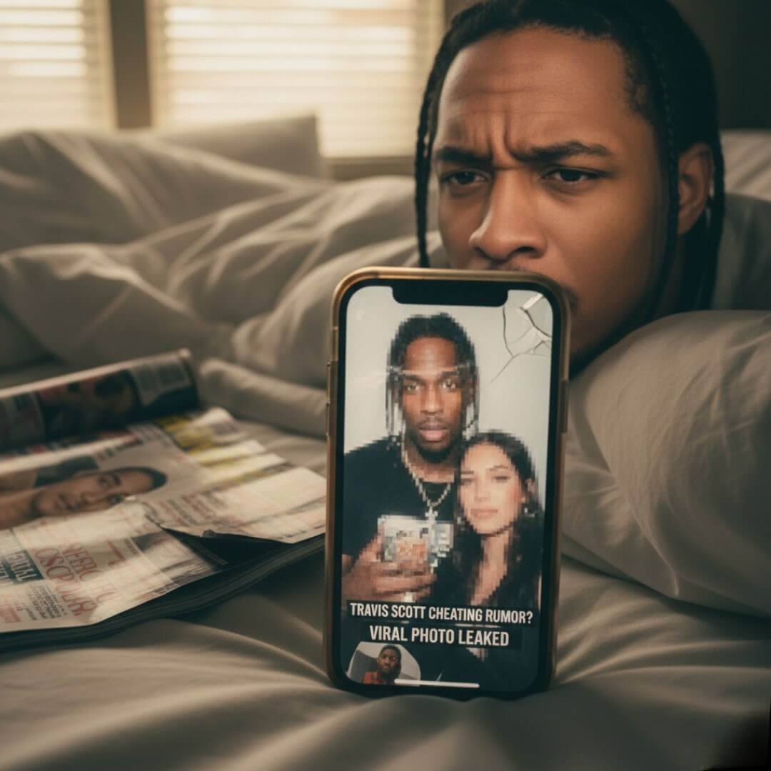 A person in bed squints at a phone screen displaying a blurry image of Travis Scott and a woman, with a magazine nearby.