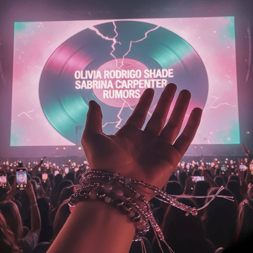 Close-up of a hand with a beaded bracelet unraveling, held up toward a concert screen displaying a cracked vinyl record graphic with the text "OLIVIA RODRIGO SHADE SABRINA CARPENTER RUMORS" in a pink and teal light above a crowd.