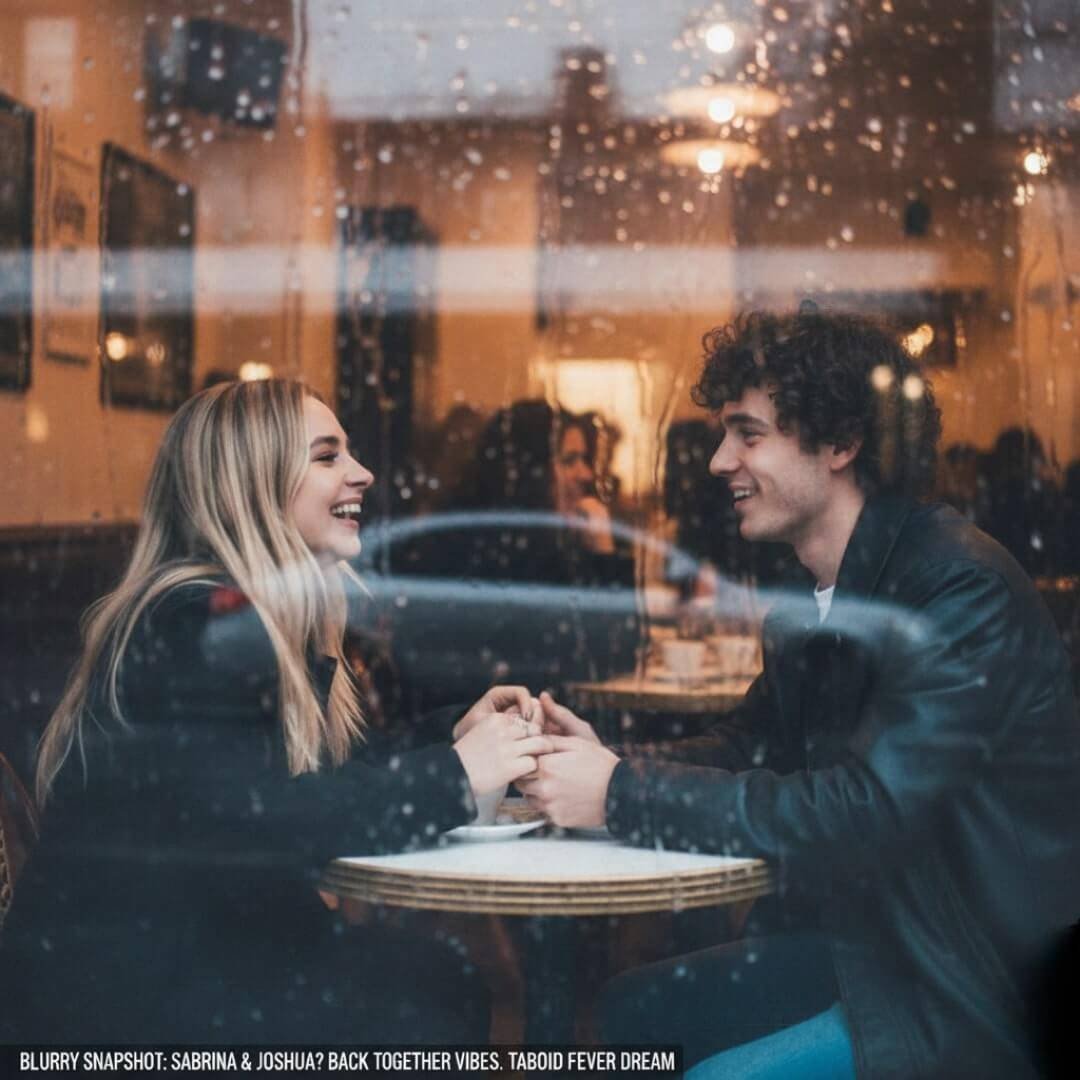 "Rainy window view of a couple holding hands in a cafe, smiling at each other."