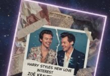 Harry Styles’ New Love Interest Revealed — And Fans Have Thoughts "A dreamy collage with a tilted perspective, featuring glitchy Polaroid-style images of Harry Styles and Zoe Kravitz, surrounded by handwritten notes about 'celeb tea' and 'my chaotic heart,' all set against a sparkling, starry background. The overall aesthetic is a chaotic yet thrilling 'midnight moodboard' vibe."