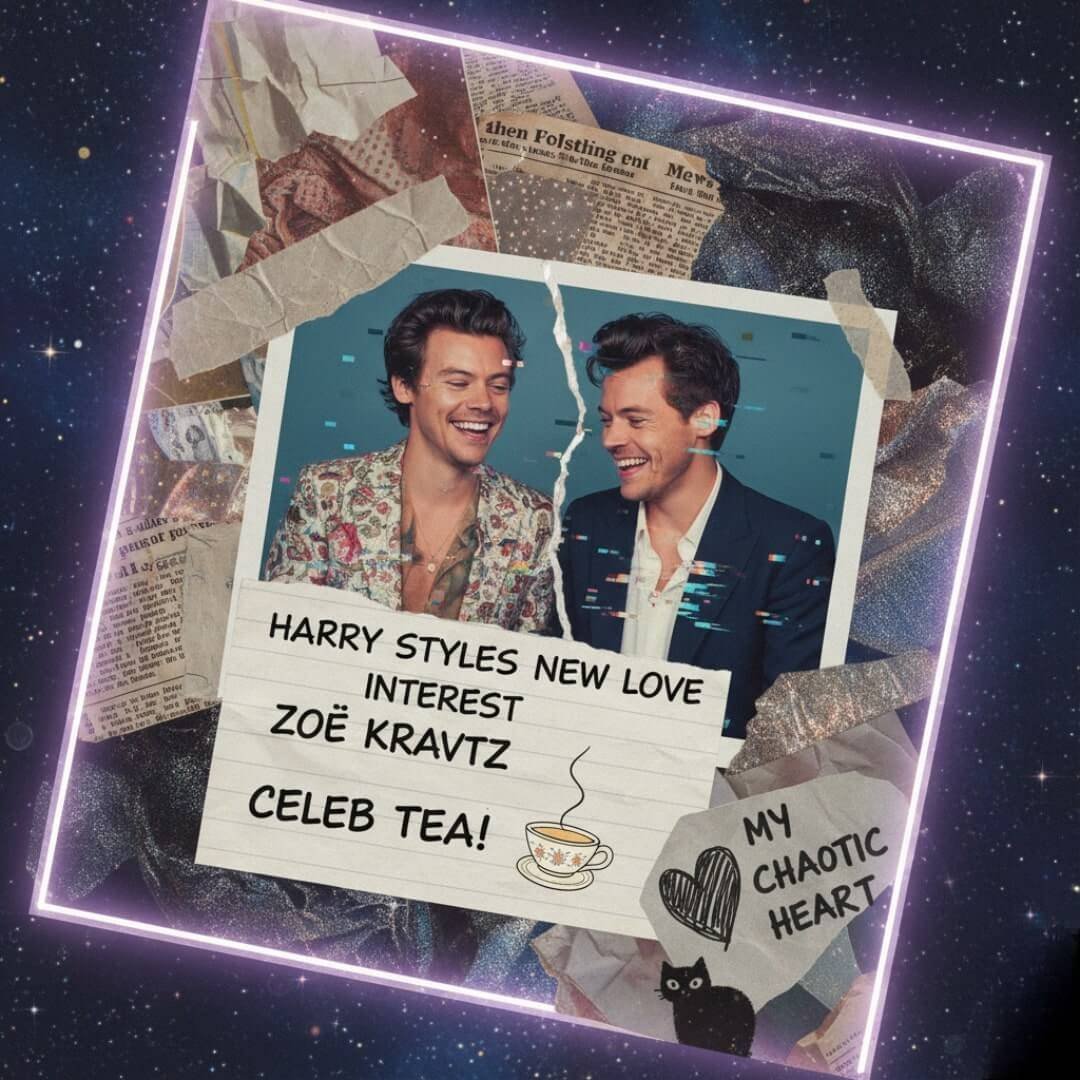 "A dreamy collage with a tilted perspective, featuring glitchy Polaroid-style images of Harry Styles and Zoe Kravitz, surrounded by handwritten notes about 'celeb tea' and 'my chaotic heart,' all set against a sparkling, starry background. The overall aesthetic is a chaotic yet thrilling 'midnight moodboard' vibe."