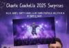 Coachella 2025 Surprises: Who Showed Up and Who Flaked Out? A chaotic collage with Billie Eilish jumping on stage in purple light, a row of empty colorful chairs on a field, and a man with a messy purple popsicle meltdown.