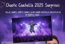 Coachella 2025 Surprises: Who Showed Up and Who Flaked Out? A chaotic collage with Billie Eilish jumping on stage in purple light, a row of empty colorful chairs on a field, and a man with a messy purple popsicle meltdown.