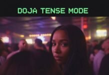 Doja Cat vs. Her Fans: The Fued That Won’t Die "Blurry close-up of Doja Cat in a tense fan standoff, glitchy purple-yellow haze evoking online chaos."