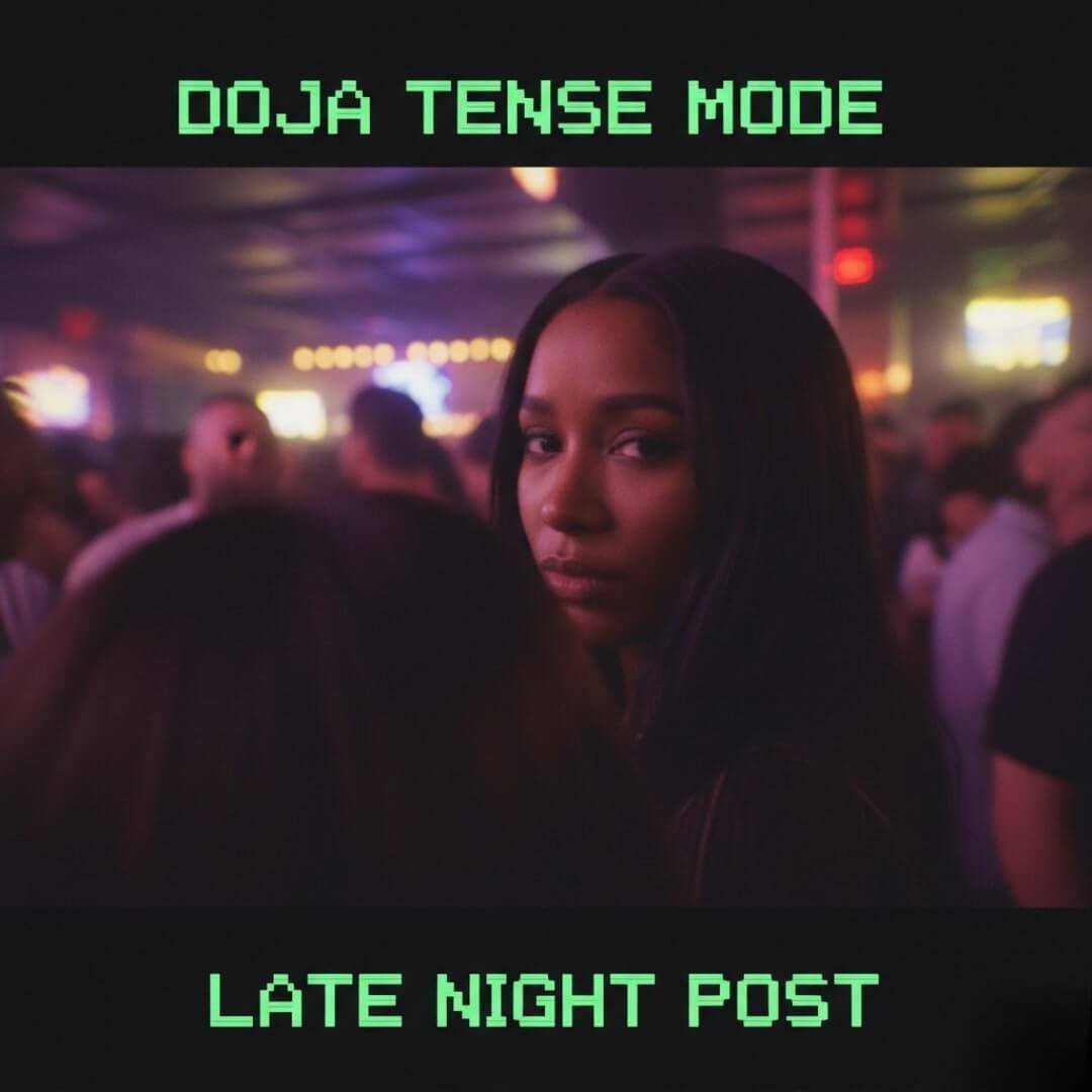 "Blurry close-up of Doja Cat in a tense fan standoff, glitchy purple-yellow haze evoking online chaos."
