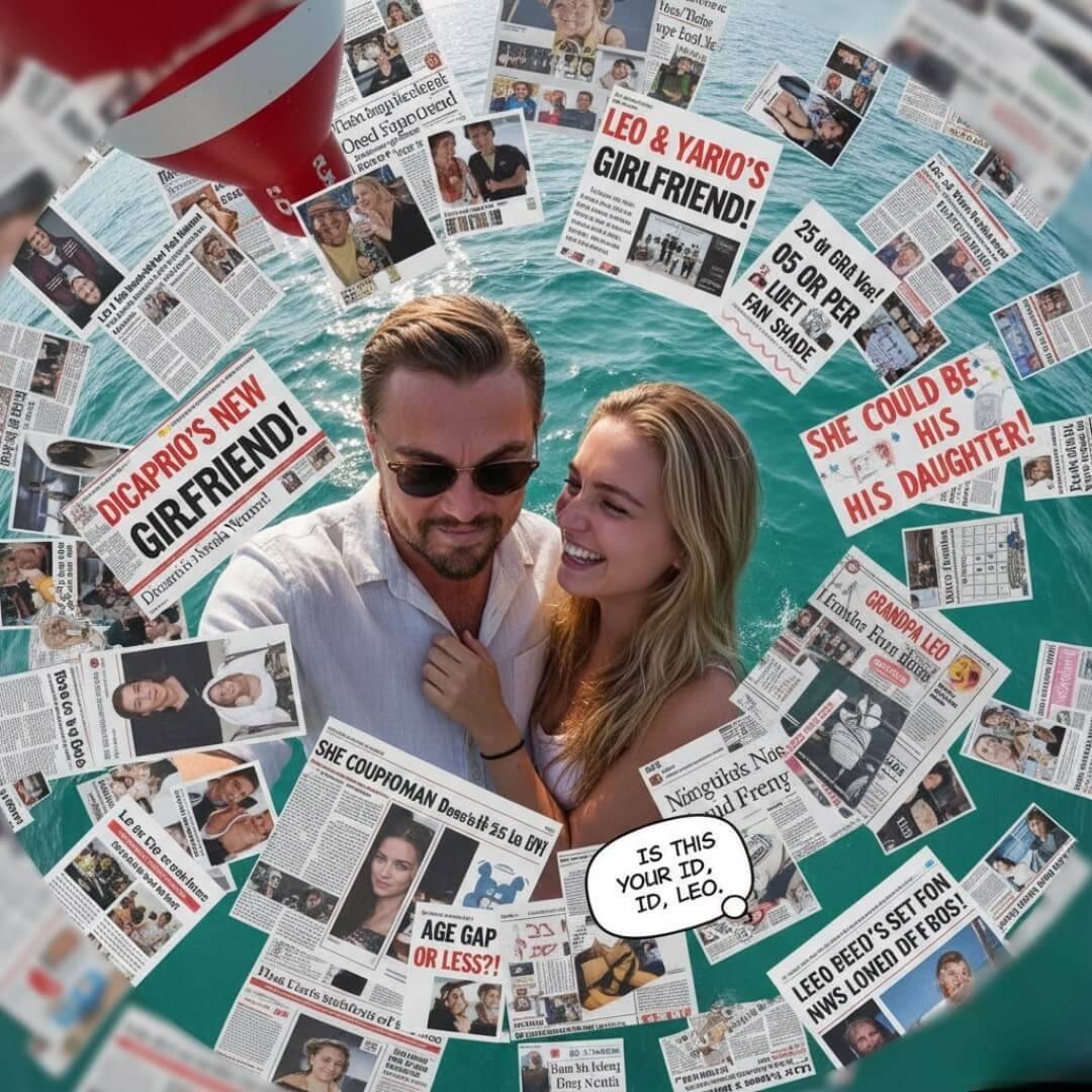 "Chaotic collage of DiCaprio new girlfriend age gap frenzy with fan shade."