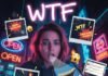 Skims Backlash: Why Kim K’s Brand Is Facing Controversy Again Neon collage of a woman staring at a phone displaying a "faux bush thong," with "WTF" neon signs and Polaroid-style images of "Skims Backlash" and "Faux Bush Thong?!"