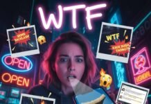 Skims Backlash: Why Kim K’s Brand Is Facing Controversy Again Neon collage of a woman staring at a phone displaying a "faux bush thong," with "WTF" neon signs and Polaroid-style images of "Skims Backlash" and "Faux Bush Thong?!"