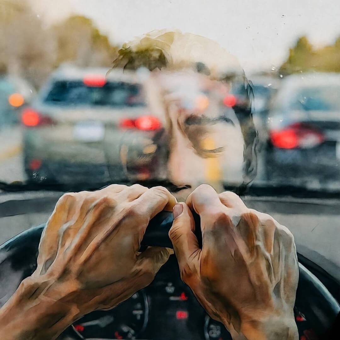 A watercolor snapshot from a passenger seat in 405 gridlock: blurry traffic chaos with a wry "why me?" squint, overlaying unraveling 2025 celebrity breakup headlines in faded, dripping ink.