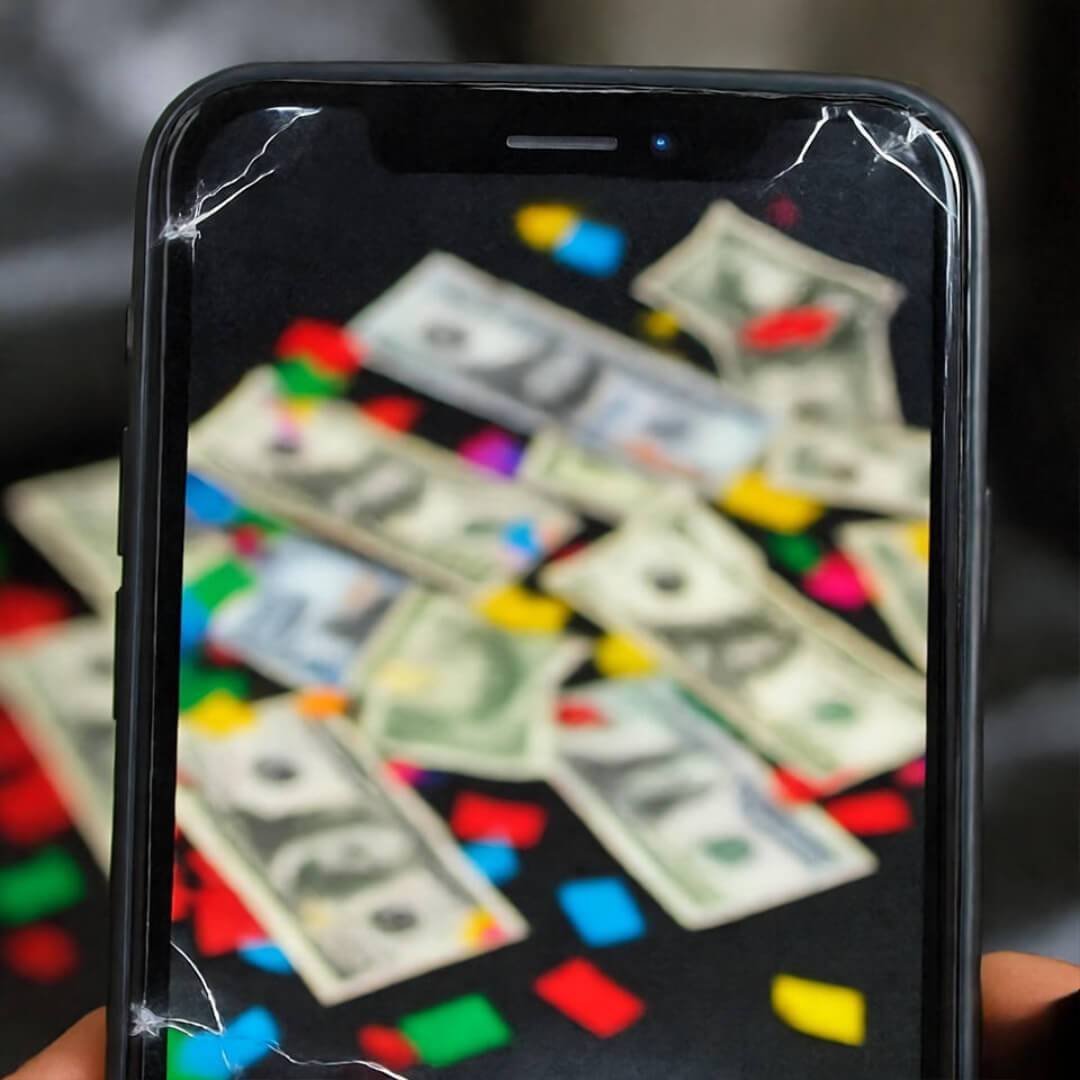Blurry close-up of scattered dollar bills and colorful confetti on a dark surface, snapped through a cracked phone screen from a lazy couch angle.