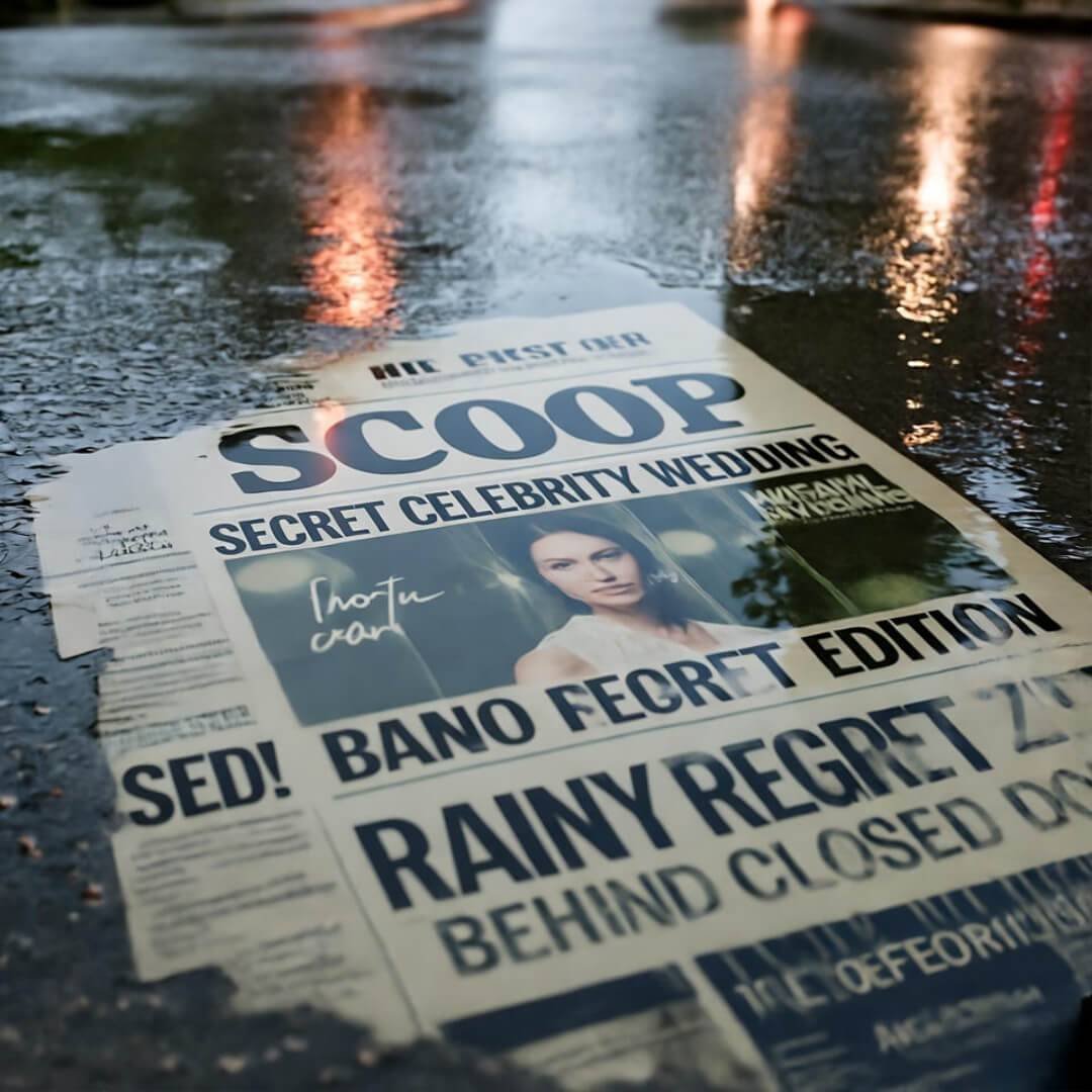 Distorted puddle reflection of a tabloid headline: "Celebrity Wedding of the Year—Secret Ceremony Revealed: Rainy Day Regrets."