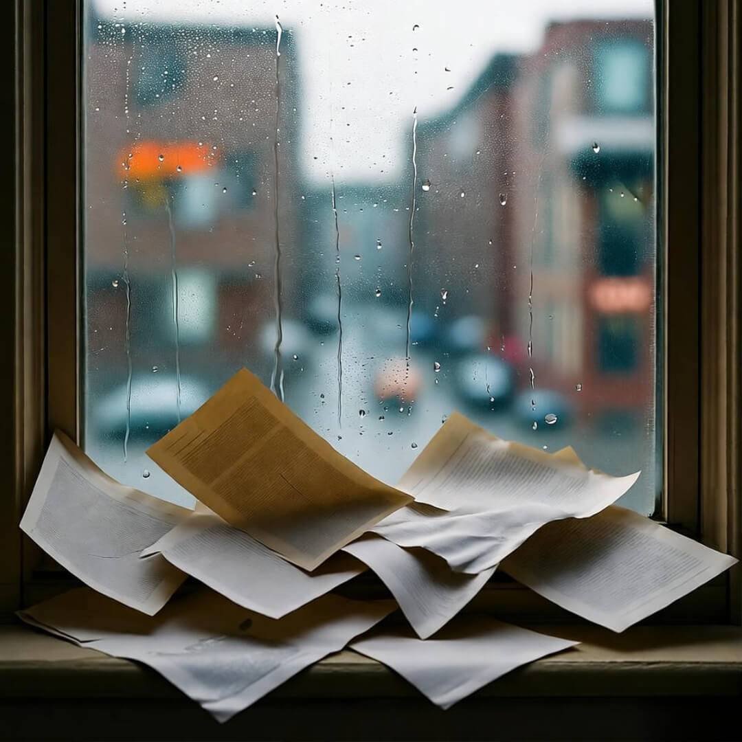 A gritty noir view through a rain-streaked Seattle window: tangled crumpled papers evoking Hollywood love triangles, amid shadowed film reels and shattered flutes.