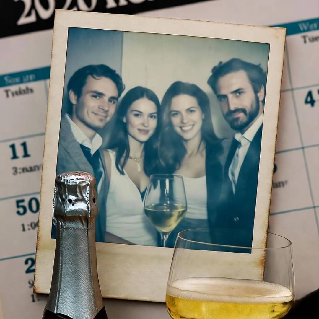 A faded Polaroid-style photo from 2025, showing celebrity couples with age gaps toasting with champagne over a chaotic calendar, captured at a tilted, rainy commute angle.