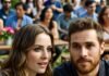 New Celebrity Couples of 2025: Who’s Hooking Up This Spring? Blurry candid of a celeb couple sharing a flirty glance amid Coachella brunch chaos, blooms partially obscuring the view.