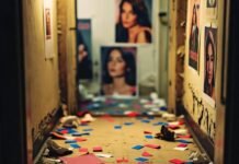 These Celebs Were Caught Cheating — And We’ve Got Receipts Low-angle voyeuristic glimpse under a dingy motel door: scattered confetti and faded celebrity photos litter the dimly lit hallway floor, evoking leaked scandals.