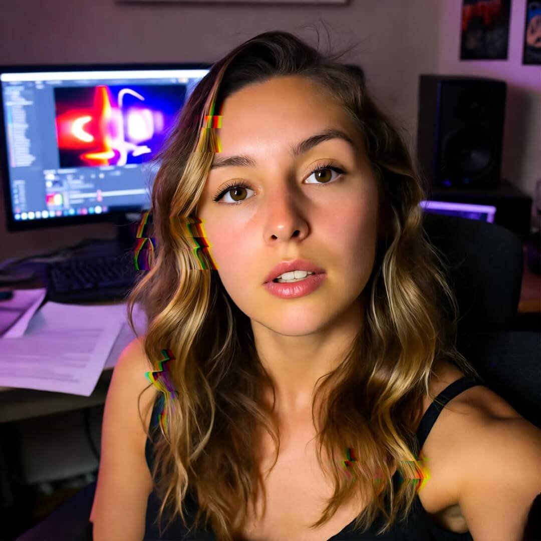 A glitchy, neon-lit close-up of Charli D'Amelio's face in chaotic vaporwave style, captured from an awkward over-the-shoulder phone angle during a late-night scroll.