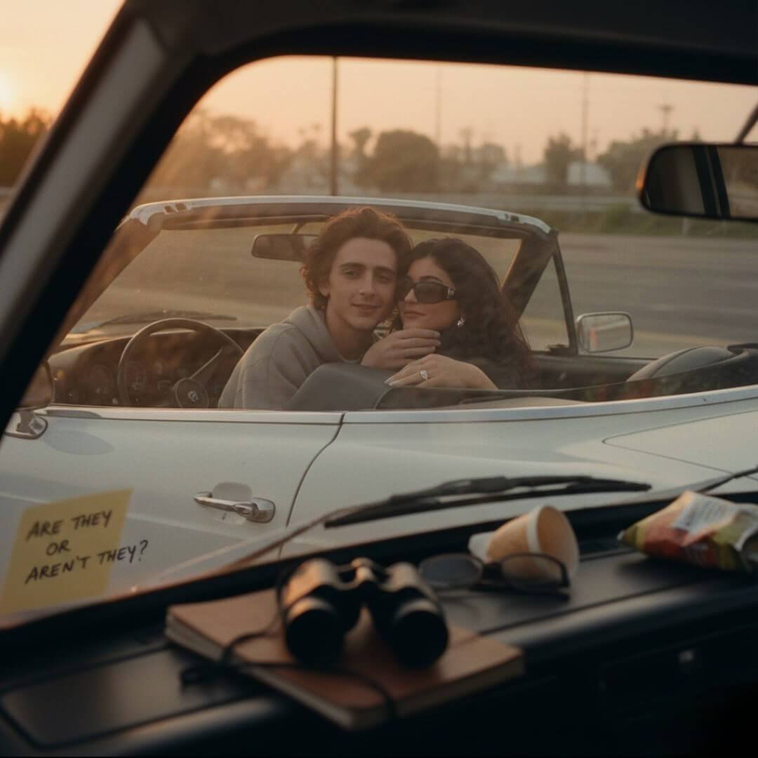 Candid shot from a stakeout van of Timothée Chalamet and Kylie Jenner in a convertible at sunset, with binoculars on the dash.