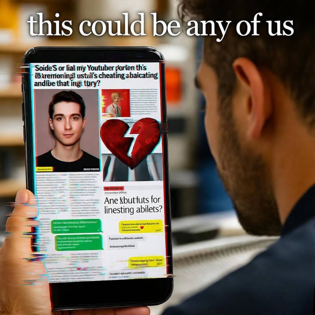 A glitchy, voyeuristic phone-cam view over a barista's shoulder at a tabloid scandal: shattered hearts, leaked texts, and fallout from a YouTuber's cheating drama, evoking "this could be any of us."