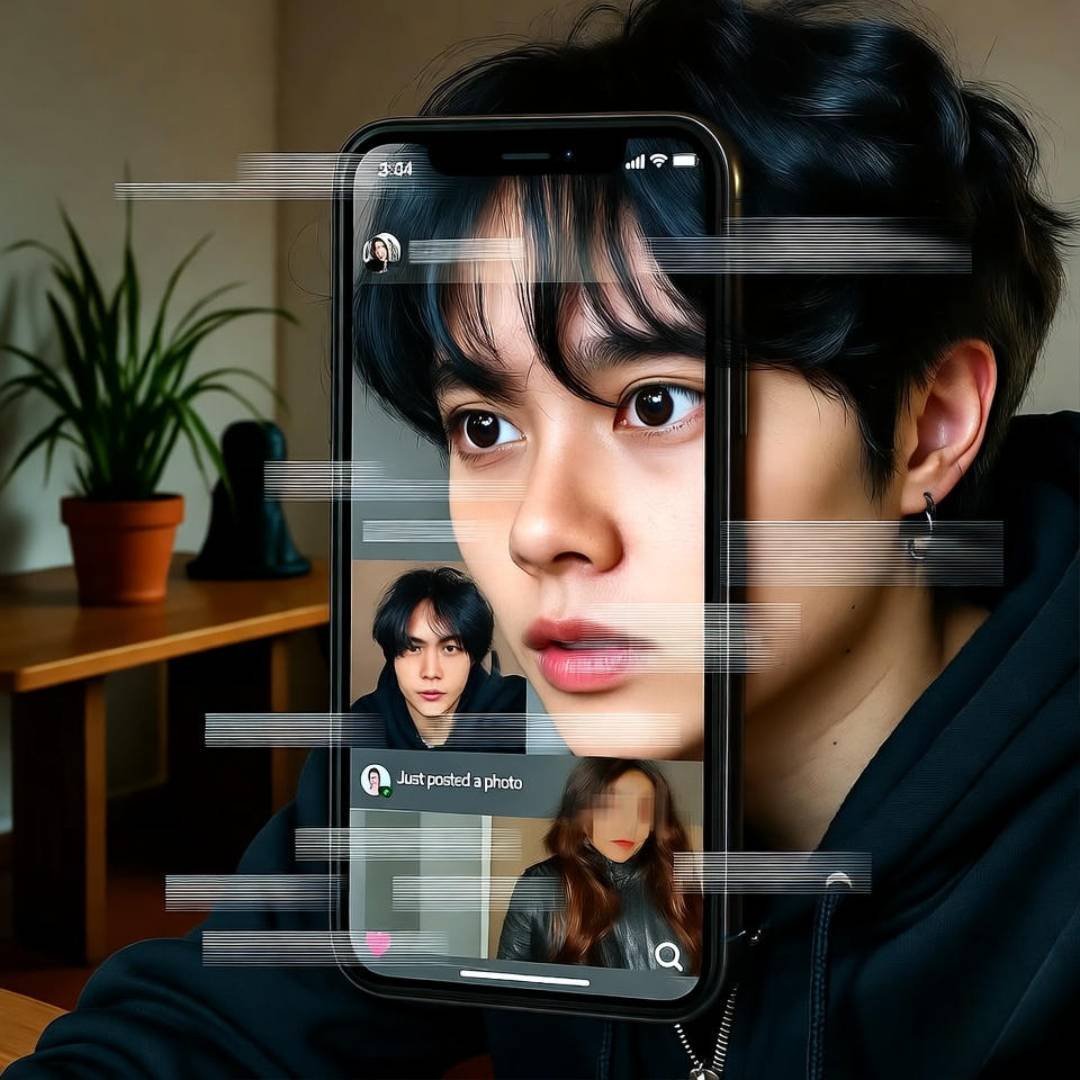 A glitchy digital collage: peeking over a shoulder at a dimly lit cafe table, where a hooded figure stares in shock at an iPhone screen flickering with social media feeds of falling favorites—blurred selfies, notifications, and emotional gut-punch vibes.