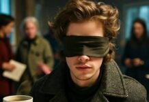 Reddit’s Wildest Celebrity Blind Items (That Might Be True) A blurry, noir-style photo of a blindfolded celebrity (resembling Timothée Chalamet) in a dimly lit room surrounded by Reddit printouts, with a spilled coffee stain on papers and a tipped mug in the foreground, captured at an off-kilter angle like a hasty phone snap.