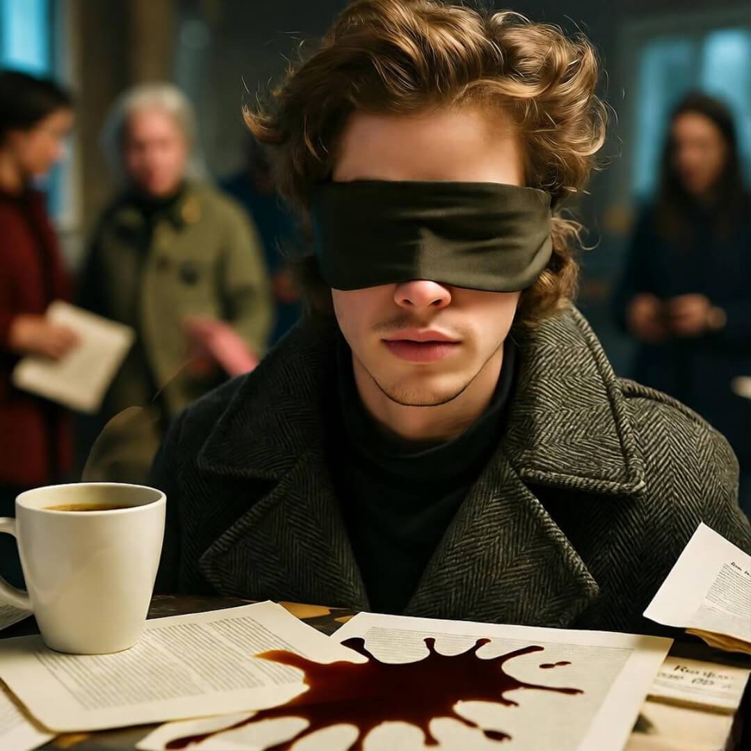 A blurry, noir-style photo of a blindfolded celebrity (resembling Timothée Chalamet) in a dimly lit room surrounded by Reddit printouts, with a spilled coffee stain on papers and a tipped mug in the foreground, captured at an off-kilter angle like a hasty phone snap.