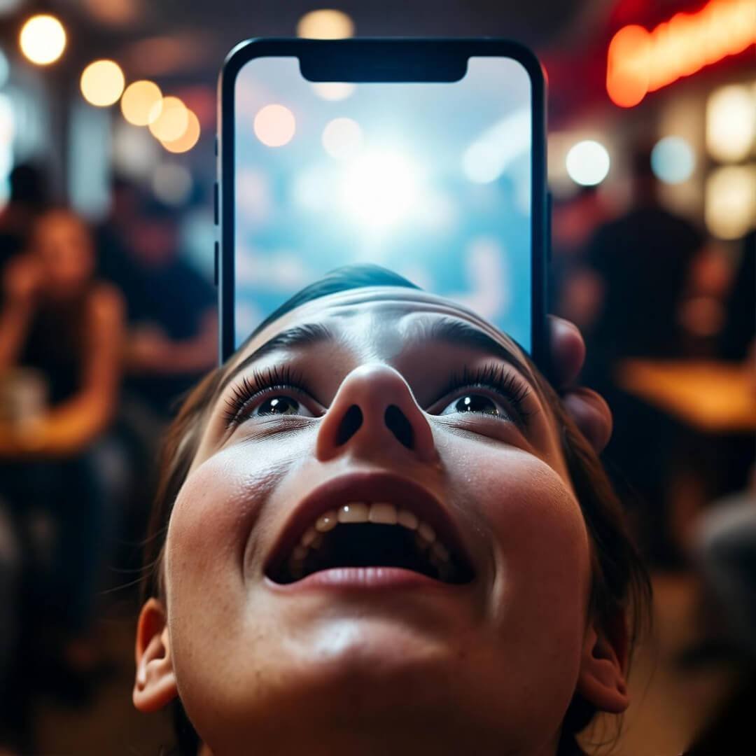 A wide-eyed person cranes their neck up at a glowing phone screen in a dim, neon-lit Seattle café, mouth agape in excited awe amid blurred crowds.