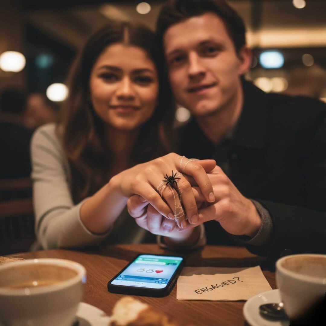 Blurry close-up of Zendaya and Tom Holland holding hands over a coffee shop table, showing a 'spider silk' ring and a phone screen with engagement emojis.
