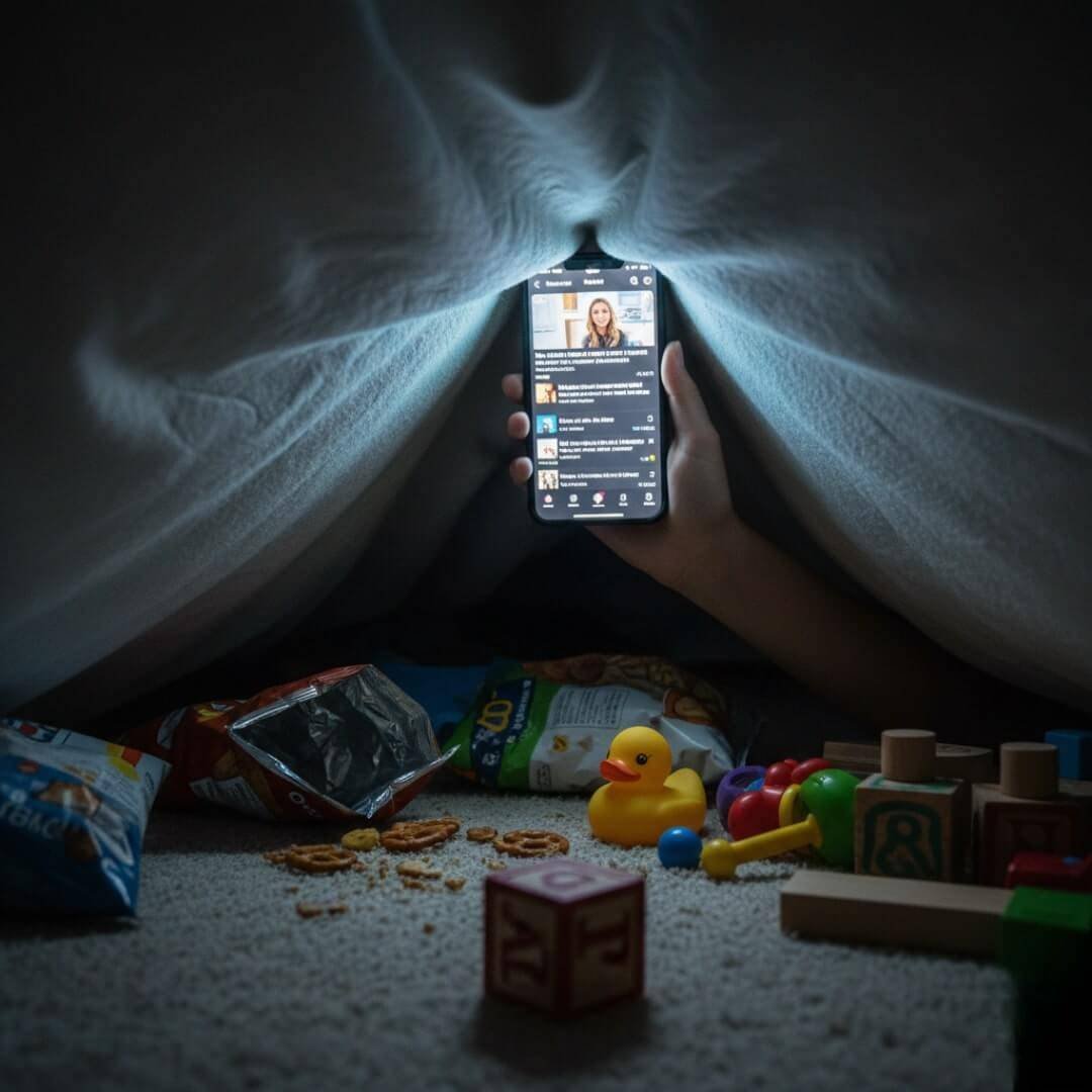 Blurry phone glow illuminating old Hailey Bieber pregnancy rumors TikTok feed amid snack crumbs and baby toys.