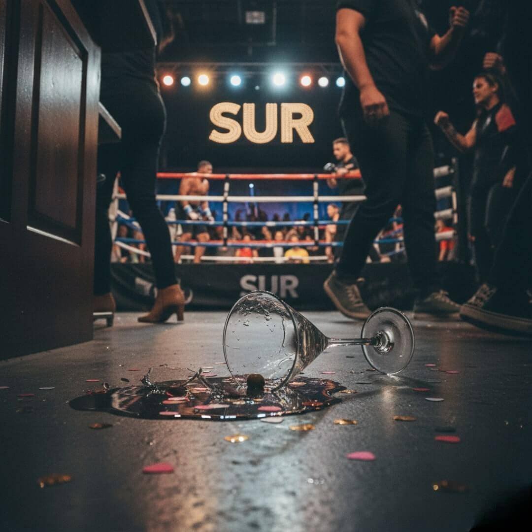 "A spilled martini glass on the floor of a lively bar with a boxing ring."