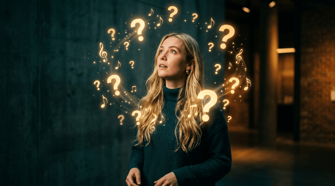 Woman looking at floating golden music notes and question marks.