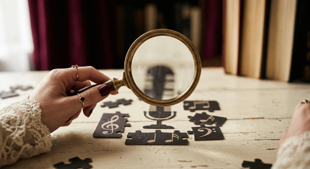 Hand with magnifying glass over music symbol puzzle pieces.