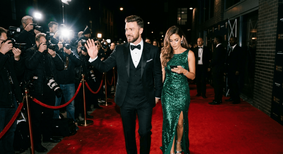Couple on red carpet, woman checking phone while man waves.