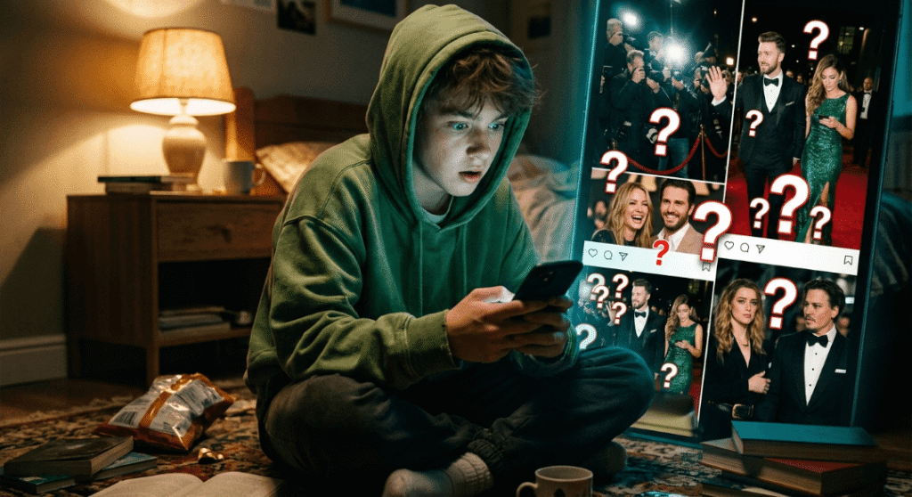 Boy in hoodie looking shocked at glowing phone screen.